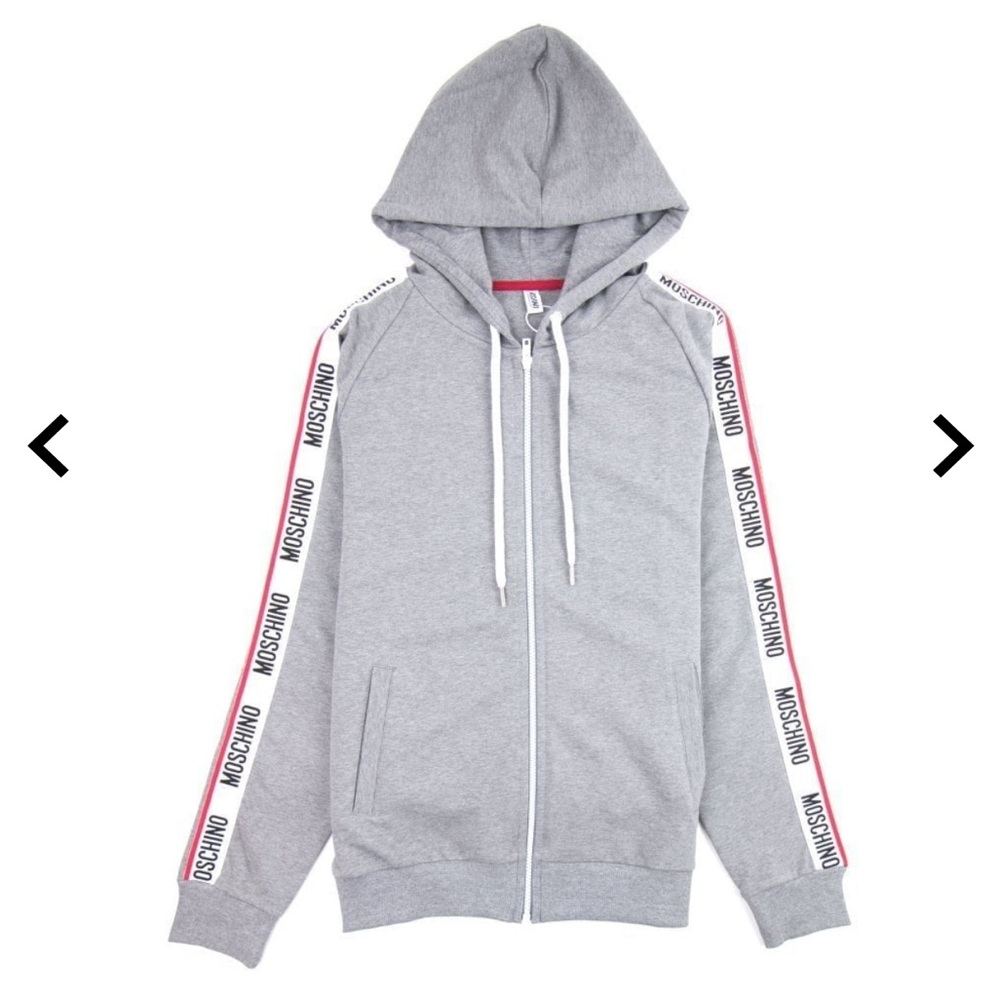 Moschino Gray Zip-Up Sweater with Branded Arm Detail